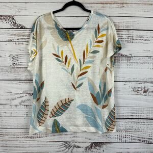 Womens Cynthia Rowley 100% Linen SS Knit Botanical Leaf Print Back Button Top XL